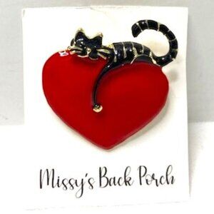 Cat Pin Brooch Enamel Black & Gold Kitty Sitting on Red Heart Missy's Back Porch